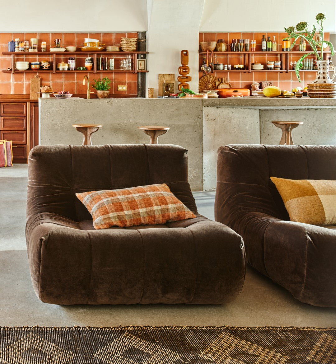 velvet brown recliner lounge chairs with orange brown lumbar pillow