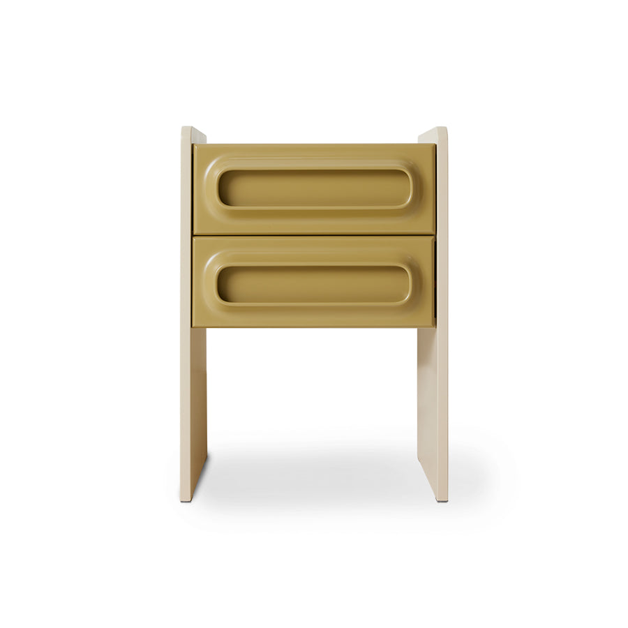 retro style nightstand with two drawers in  sage green with cream