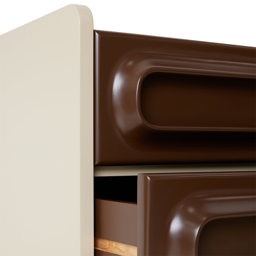 detail of retro style nightstand with two brown drawers