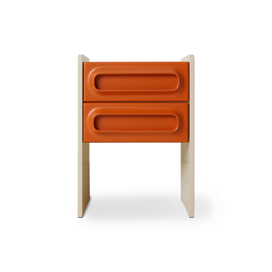cream colored side table or nightstand with two orange drawers