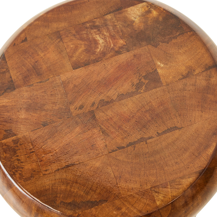 detail of top high glass chestnut wooden stool 