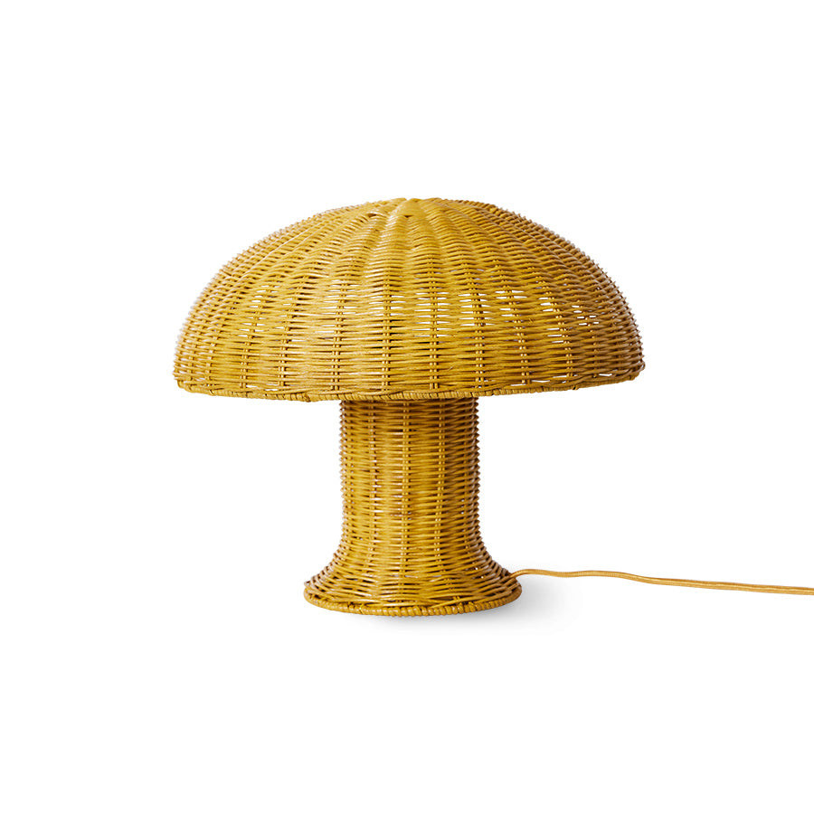 mustard yellow rattan table lamp in mushroom shape
