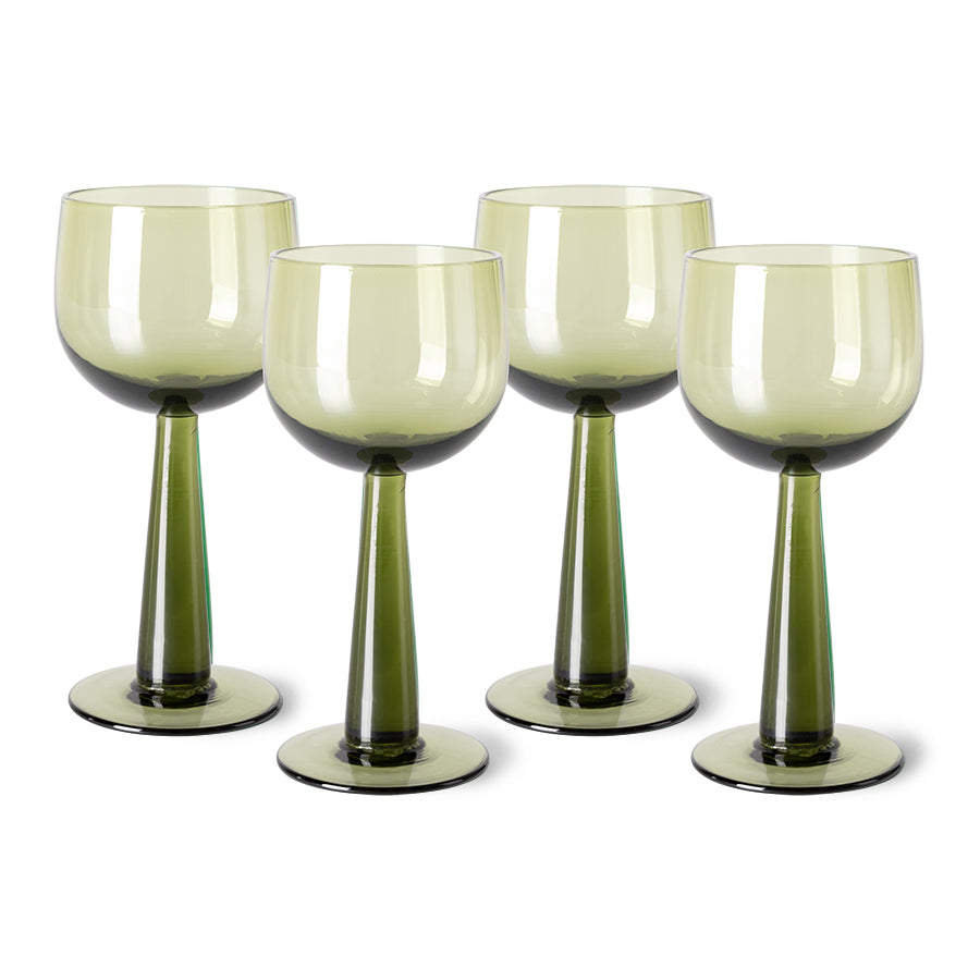 4 olive green high stem wineglasses