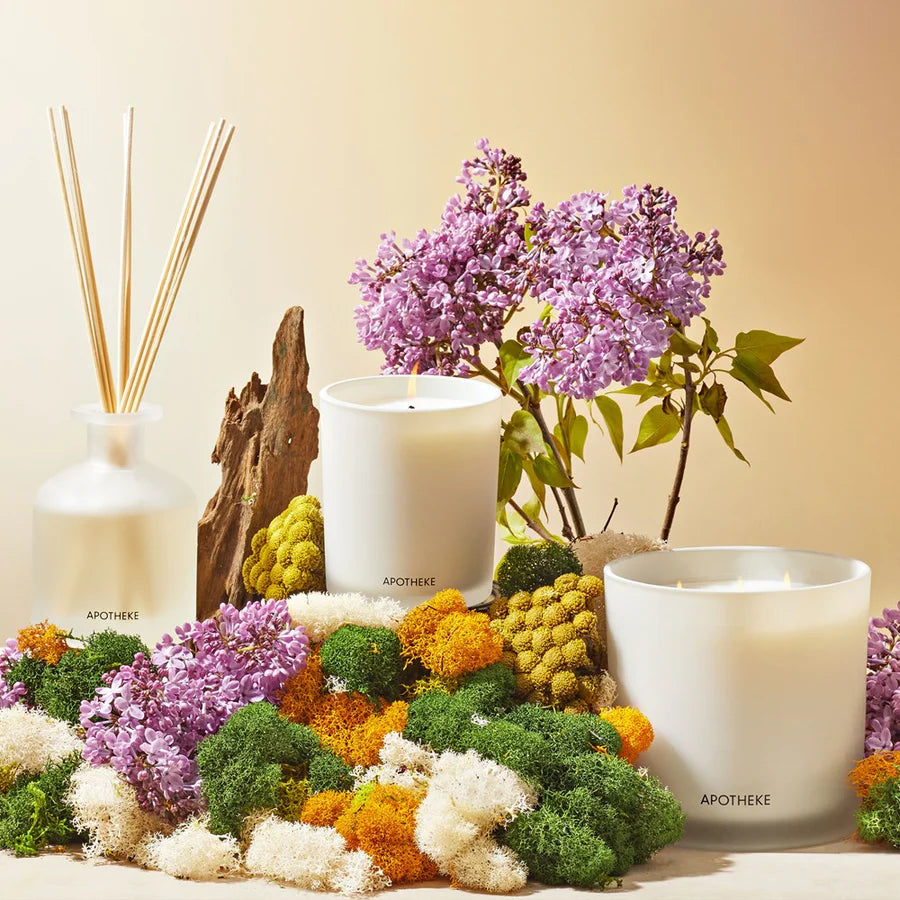 Apotheke candles and diffuser in greenery studio setting 