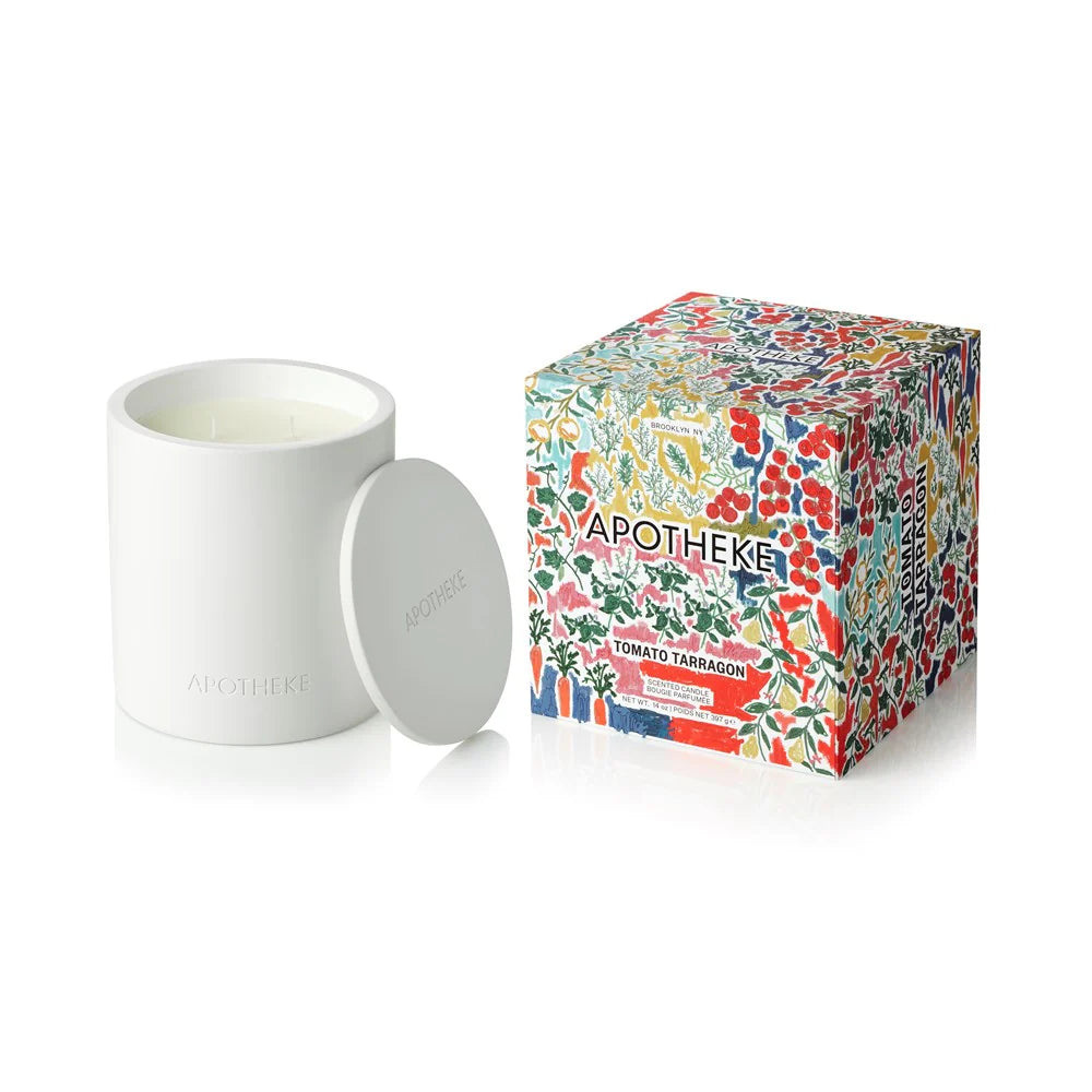 Apotheke tomato scented candle white concrete vessel with lid and colorful gift box on a white back ground