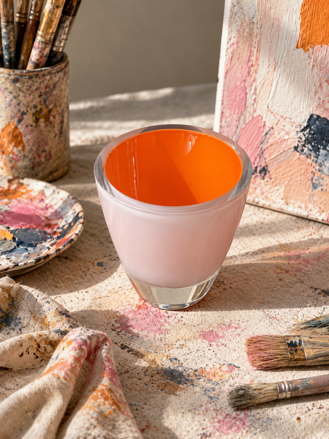 A clear glass tumbler with a frosted pale pink exterior and a bright orange interior, styled on a paint-splattered tabletop with paintbrushes and an abstract canvas in the background.