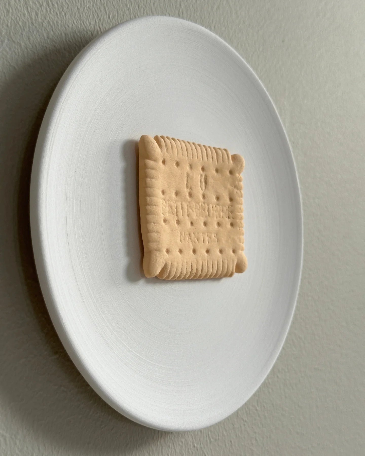 Single cookie on a white plate against a plain background