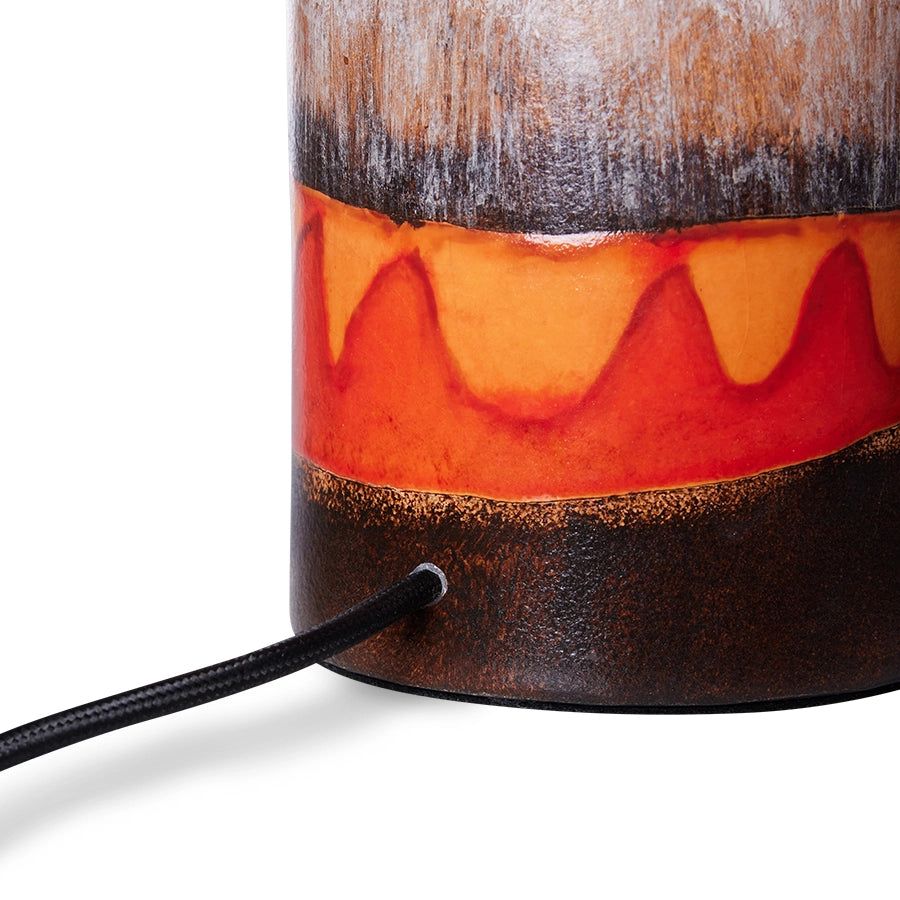 detail of orange red and brown glazed base of table lamp