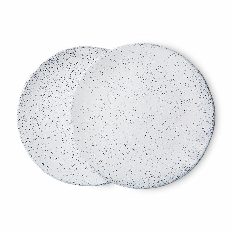 white side plates with dark speckles