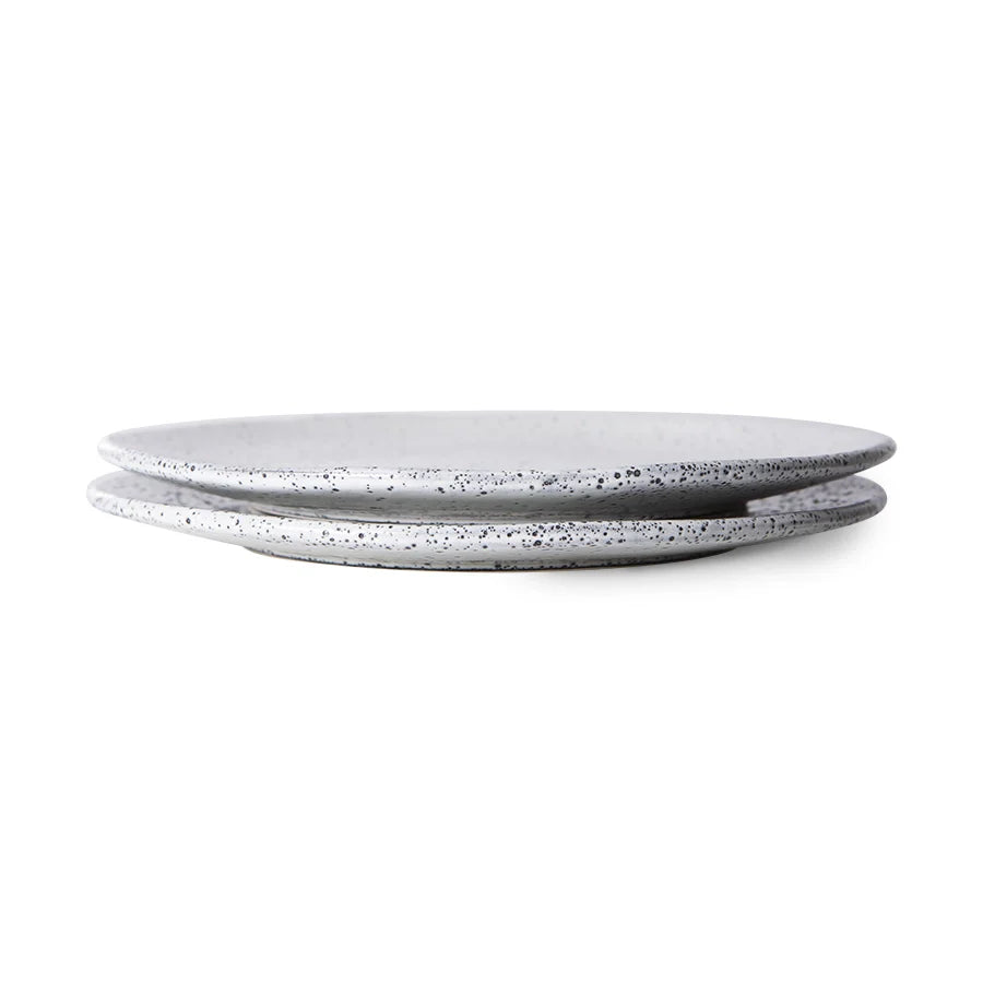 white side plates with dark speckles