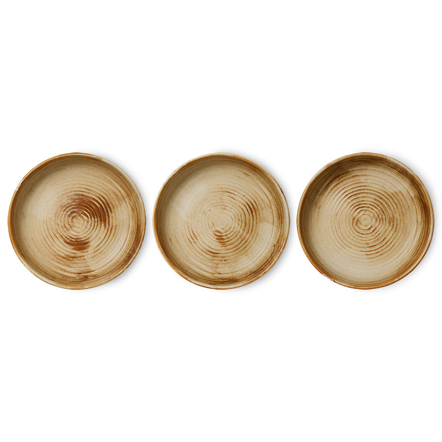 three rustic brown and cream deep porcelain plates