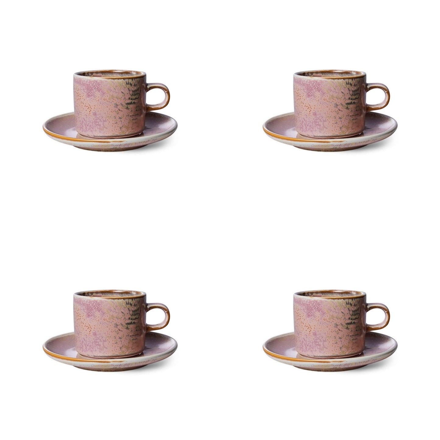 4 rustic pink cups with ear and saucers