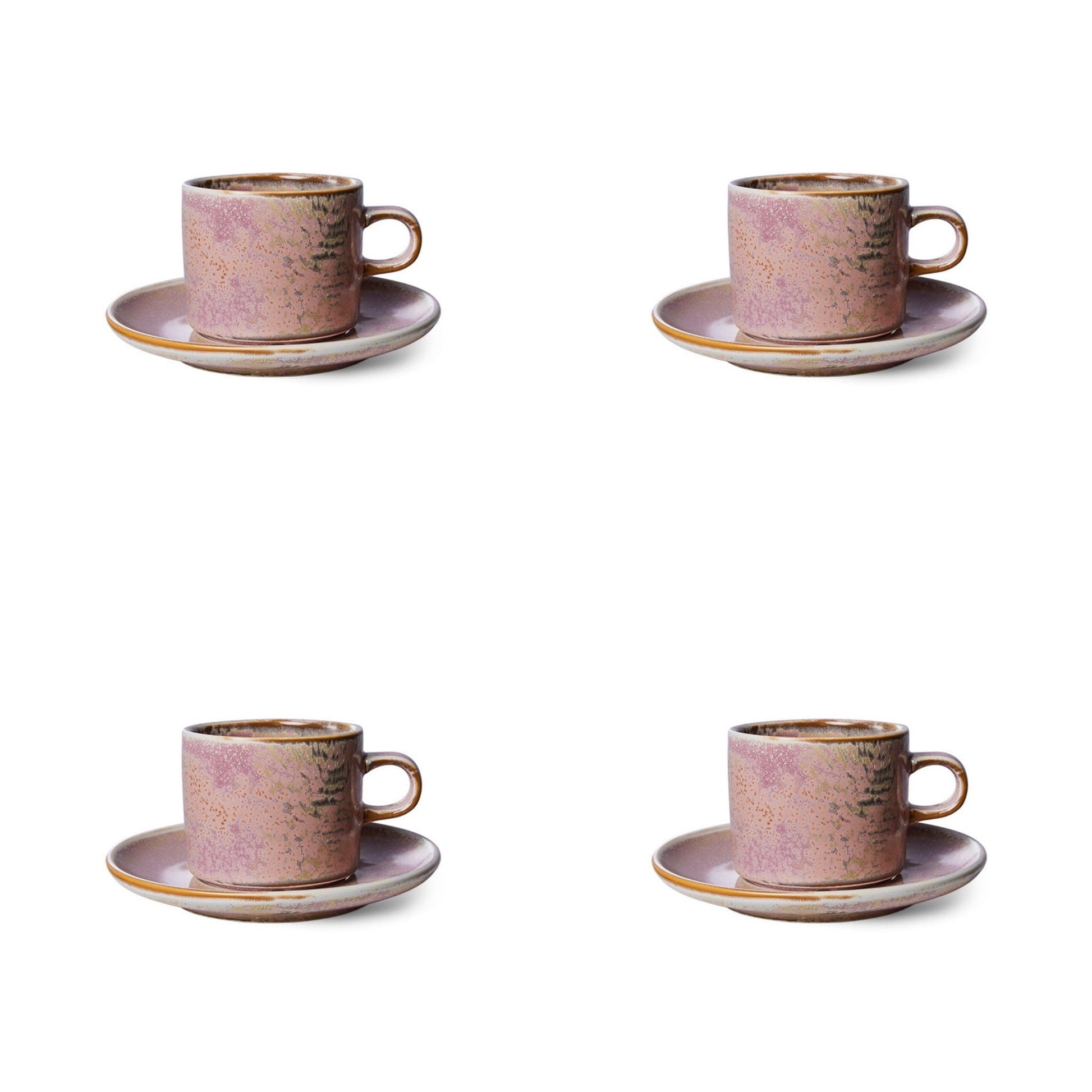 4 rustic pink cups with ear and saucers