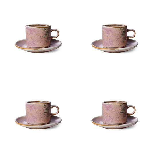 4 rustic pink cups with ear and saucers