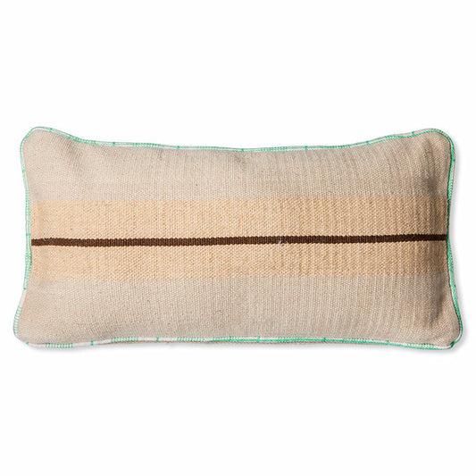 hand woven wool lumbar pillow with one horizontal brown stripe and contrasting green and white piping