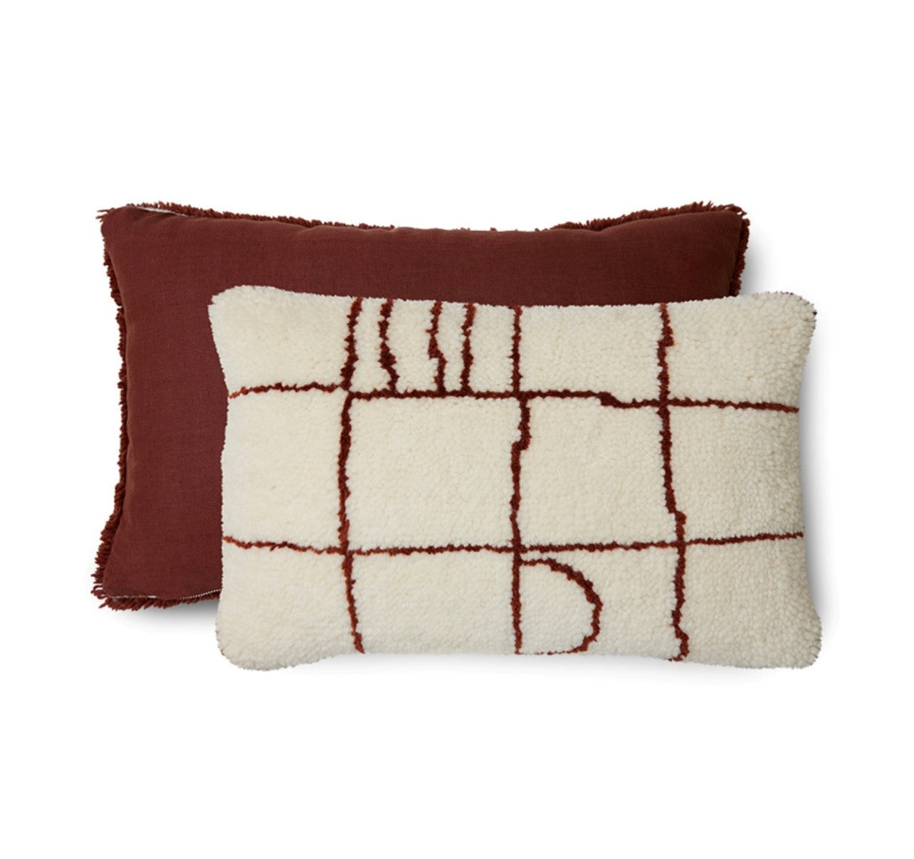 brown and off white woolen lumbar pillow with graphic design