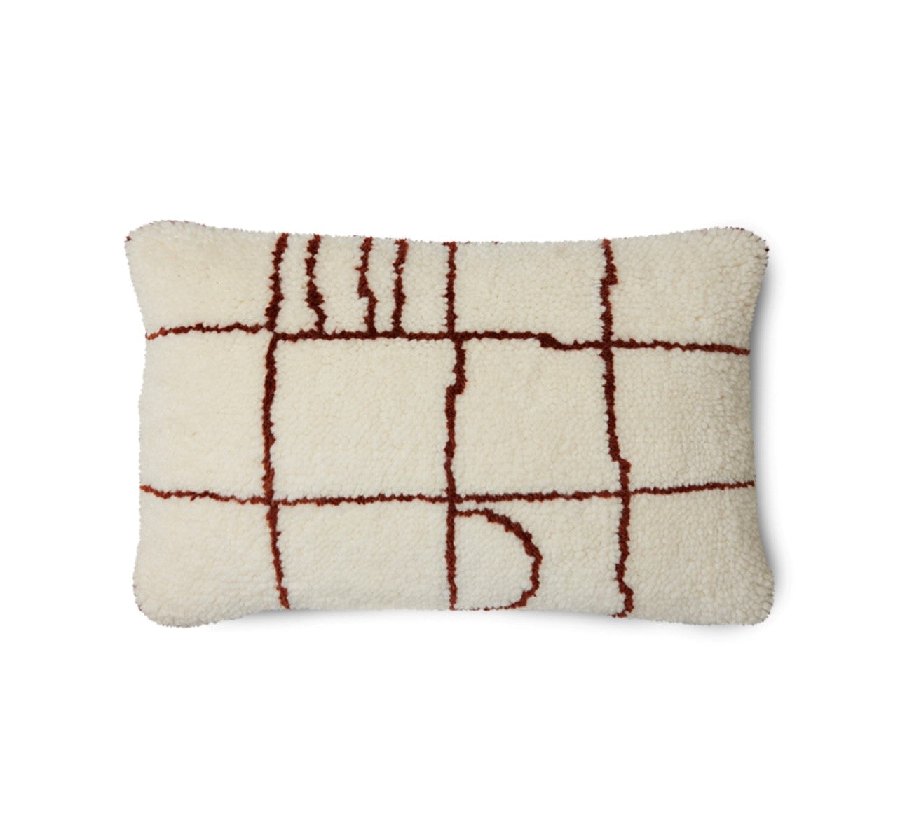 brown and off white woolen lumbar pillow with graphic design