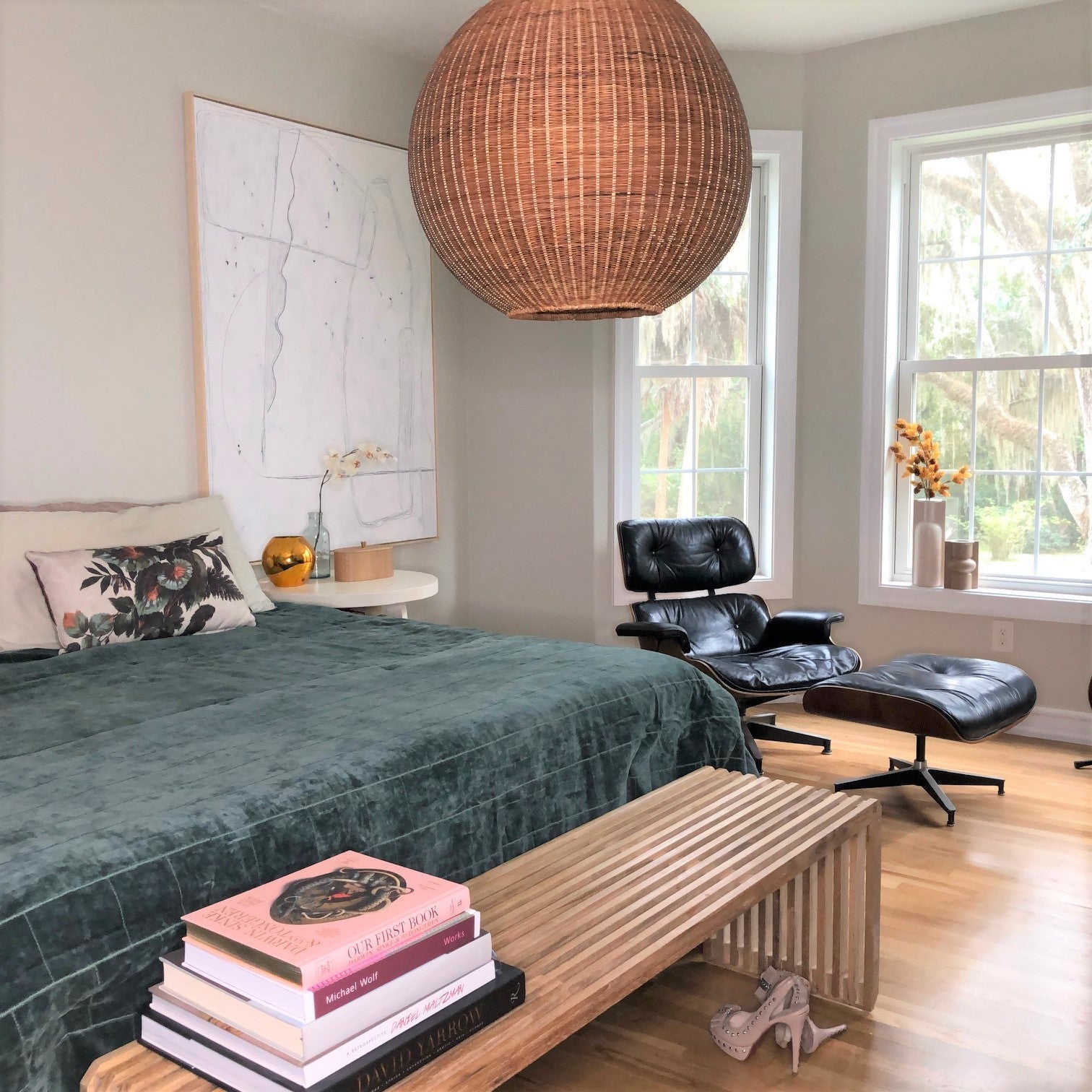 modern style bedroom with bamboo hanging lamp 