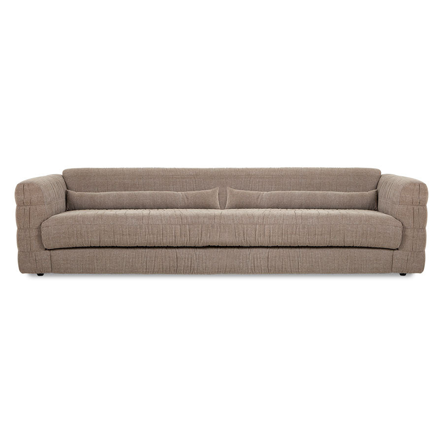 contemporary style club couch in a taupe color fabric that is a mix of linen and cotton