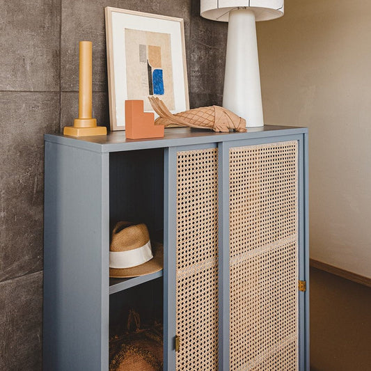 Cane webbing sliding door cabinet - gray
