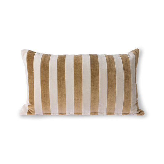 velvet lumbar pillow with brown and natural colored stripes