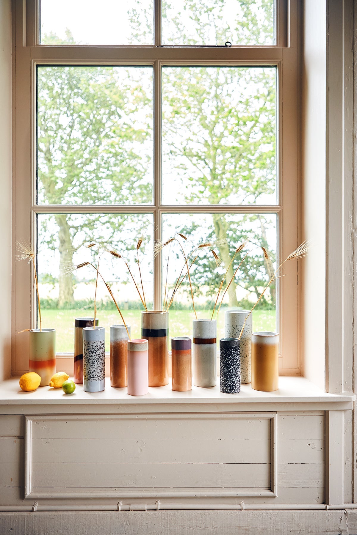 retro style flower vases in a row in a window