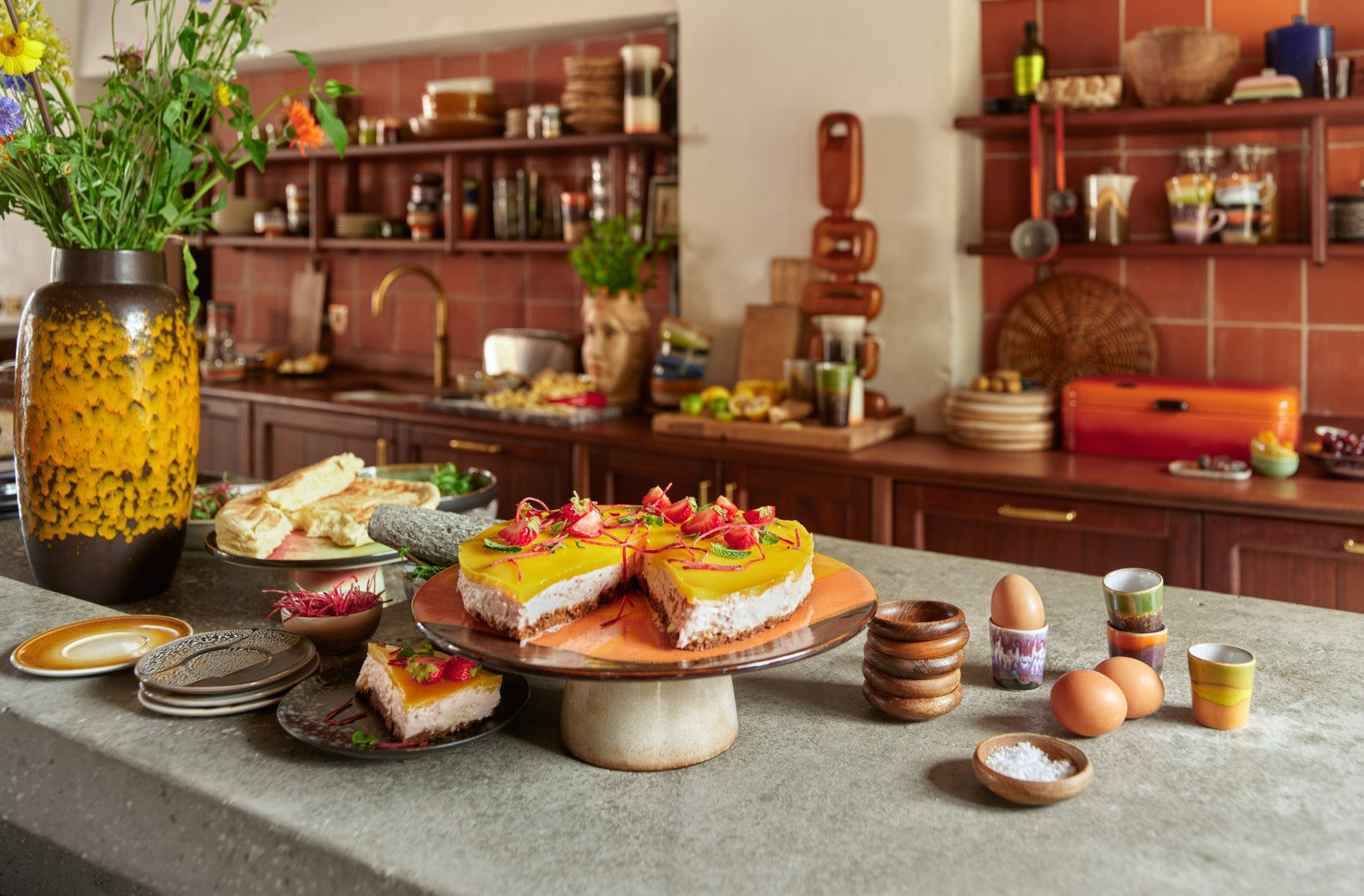 retro style kitchen with cake stands and tableware