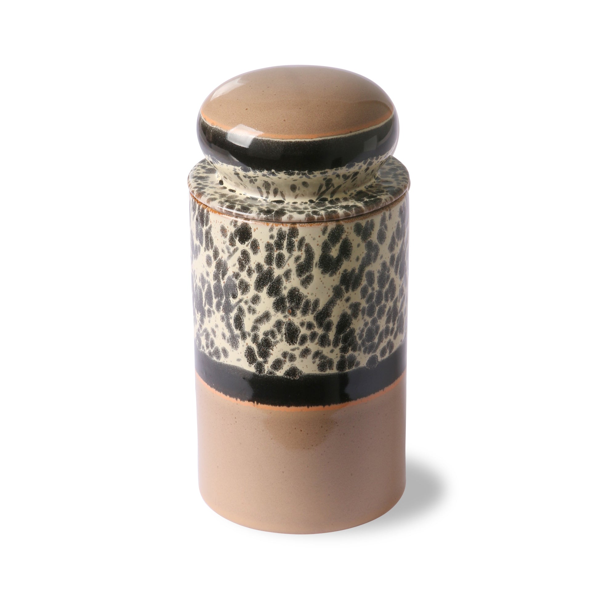 storage jar with lid, made from stoneware with an animal print