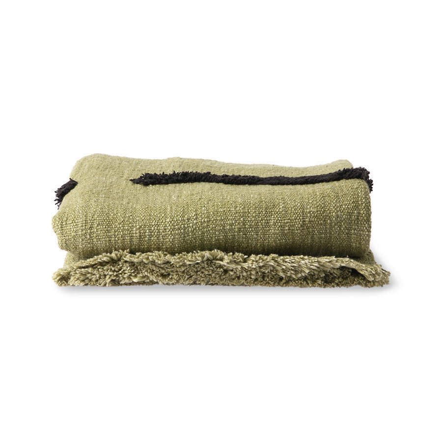 pistachio green throw blanket made from cotton with black tufted lines, folded