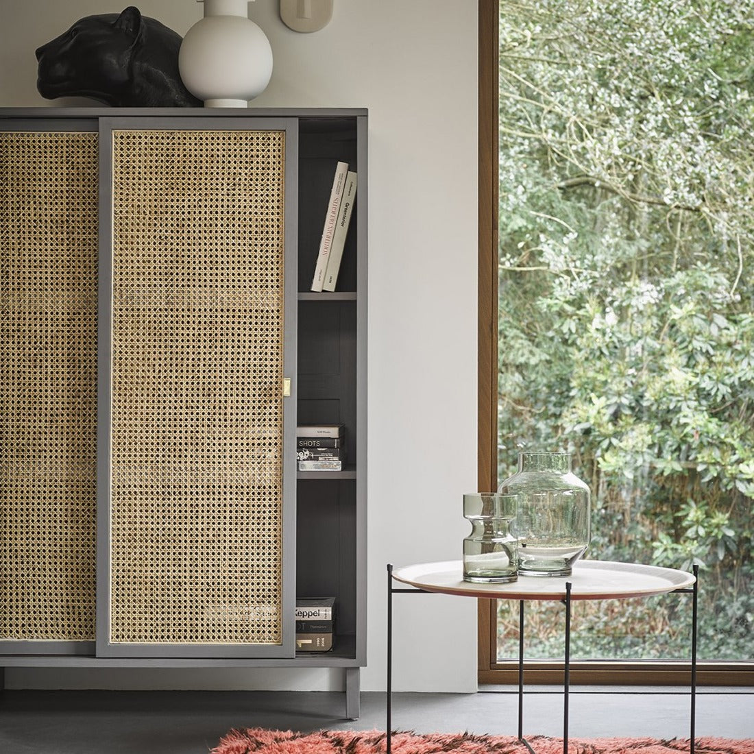 grey webbing sliding door cabinet in living room next to window