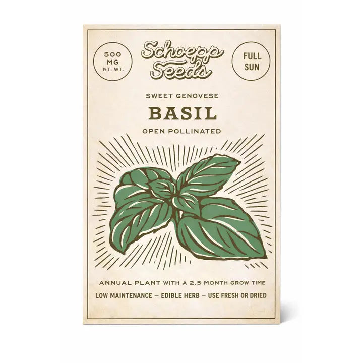 Schoop Seeds basil seed packet on a white background
