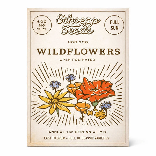 Schoepf Seeds wildflower seed packet with floral illustrations on a beige background