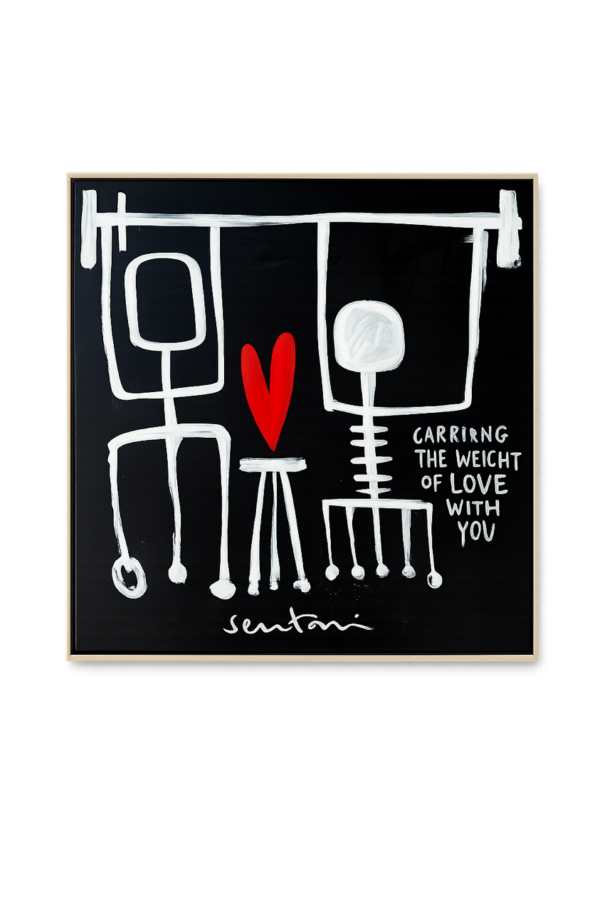 Skeletal couple with a heart between them on a black background, featuring the brand 'Sentani'.