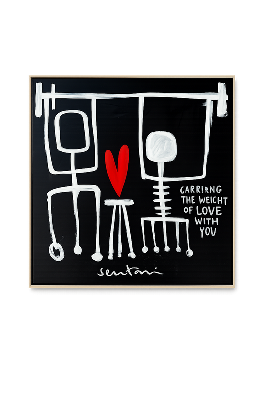 Skeletal couple with a heart between them on a black background, featuring the brand 'Sentani'.