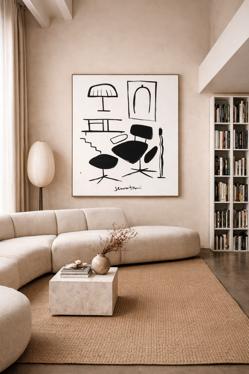 Modern living room with a beige sectional sofa, coffee table, and abstract art on the wall.
