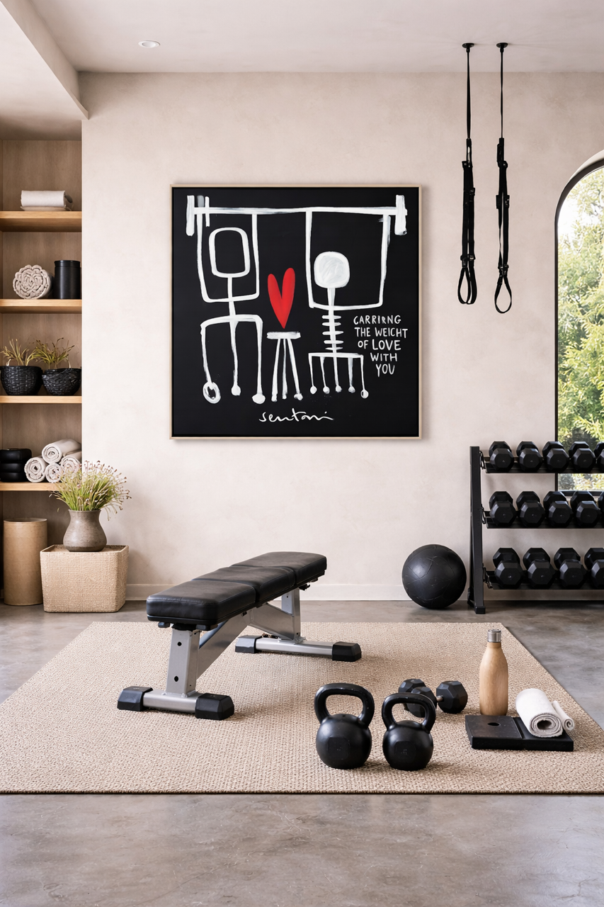 Modern home gym with workout equipment and decor