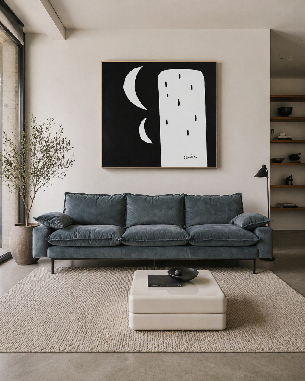 Modern living room with a gray sofa, white ottoman, and abstract art on the wall.
