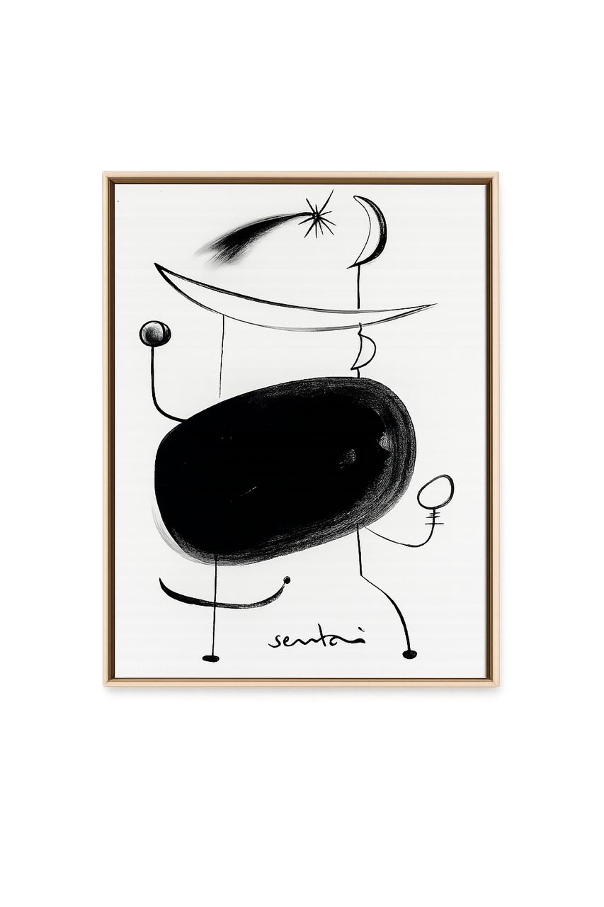 Framed black and white abstract artwork with a signature on a white background
