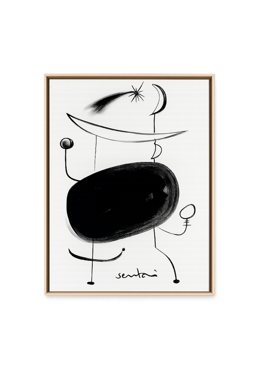 Framed black and white abstract artwork with a signature on a white background