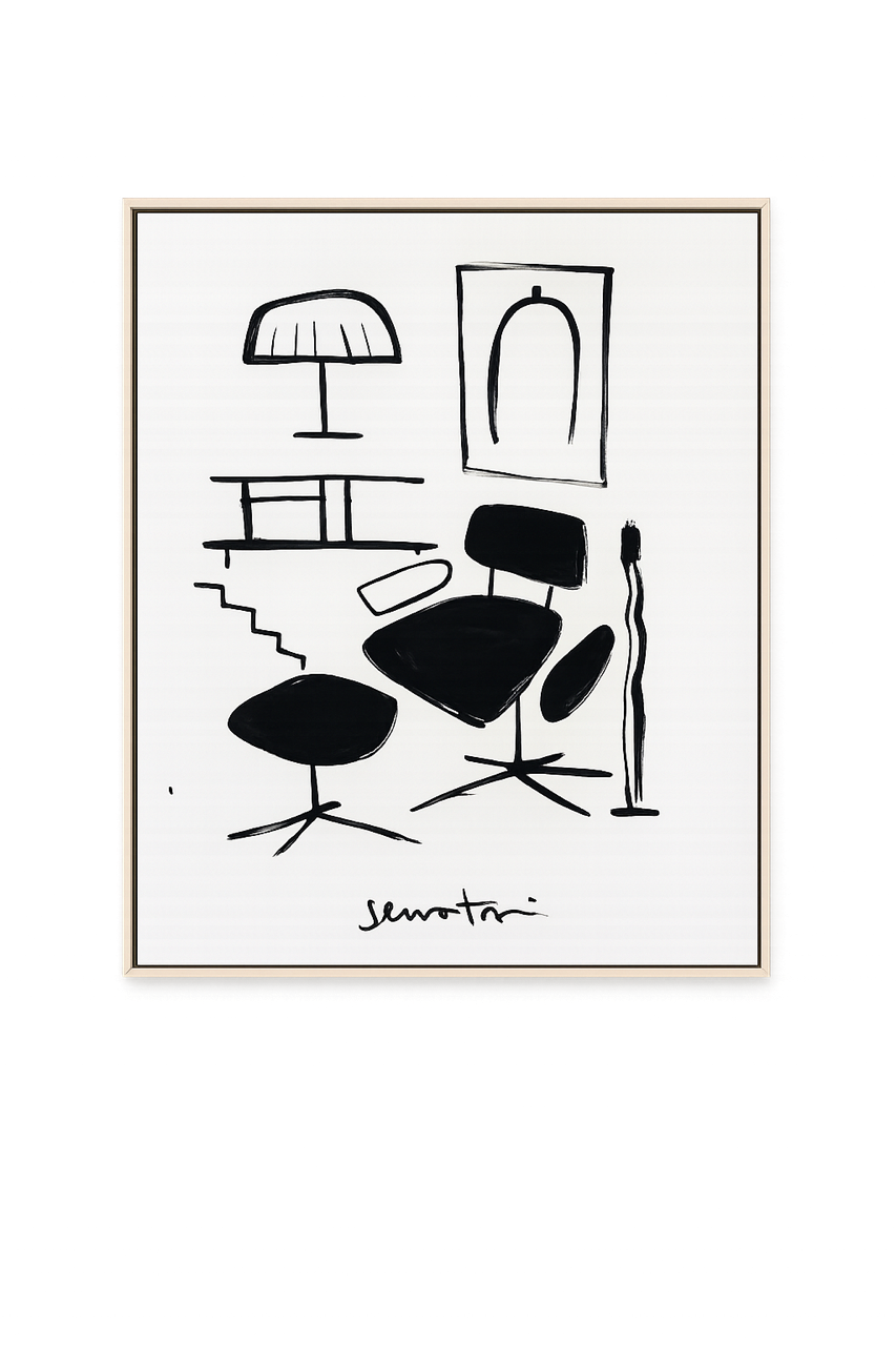 Framed black and white abstract interior design illustration on a white background