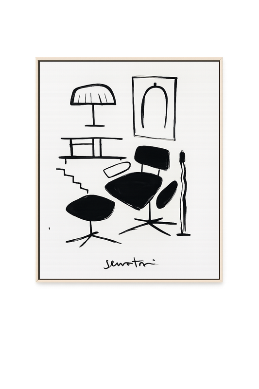 Framed black and white abstract interior design illustration on a white background