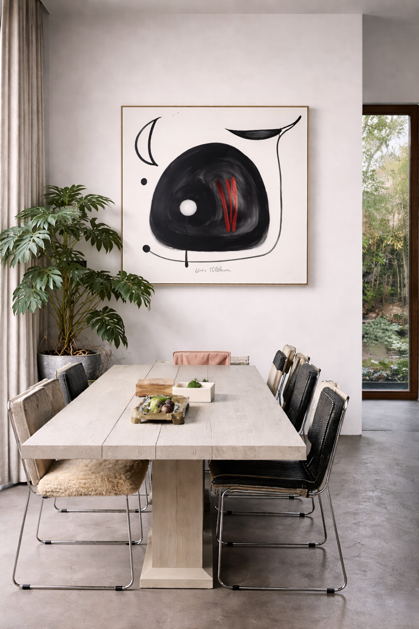 Modern dining room with a white table and chairs, abstract art on the wall, and a plant.