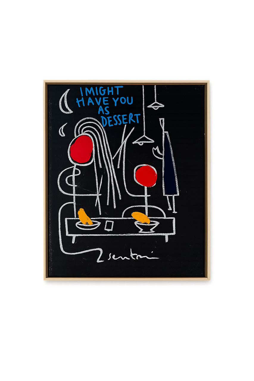 Framed artwork with abstract design and text on a white background