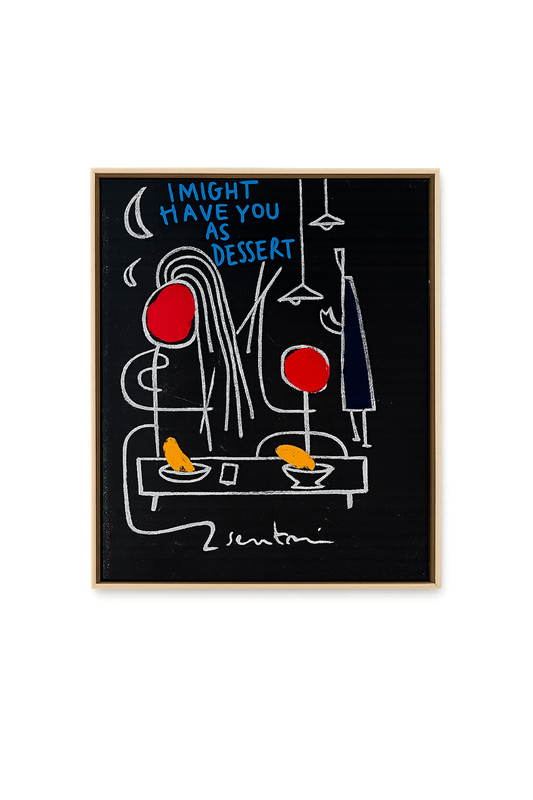 Framed artwork with abstract design and text on a white background