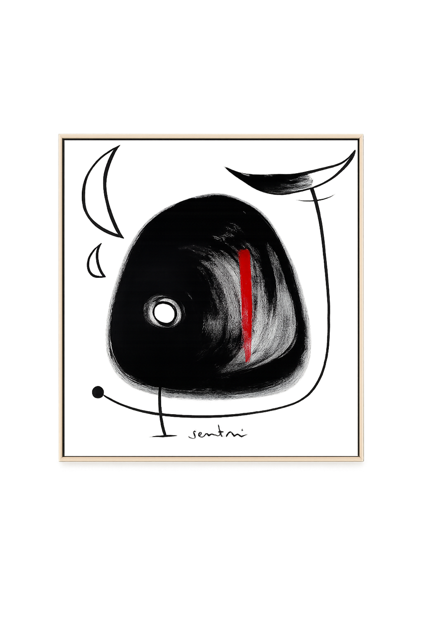 Abstract black and white art print with a red stripe on a white background