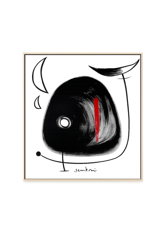 Abstract black and white art print with a red stripe on a white background