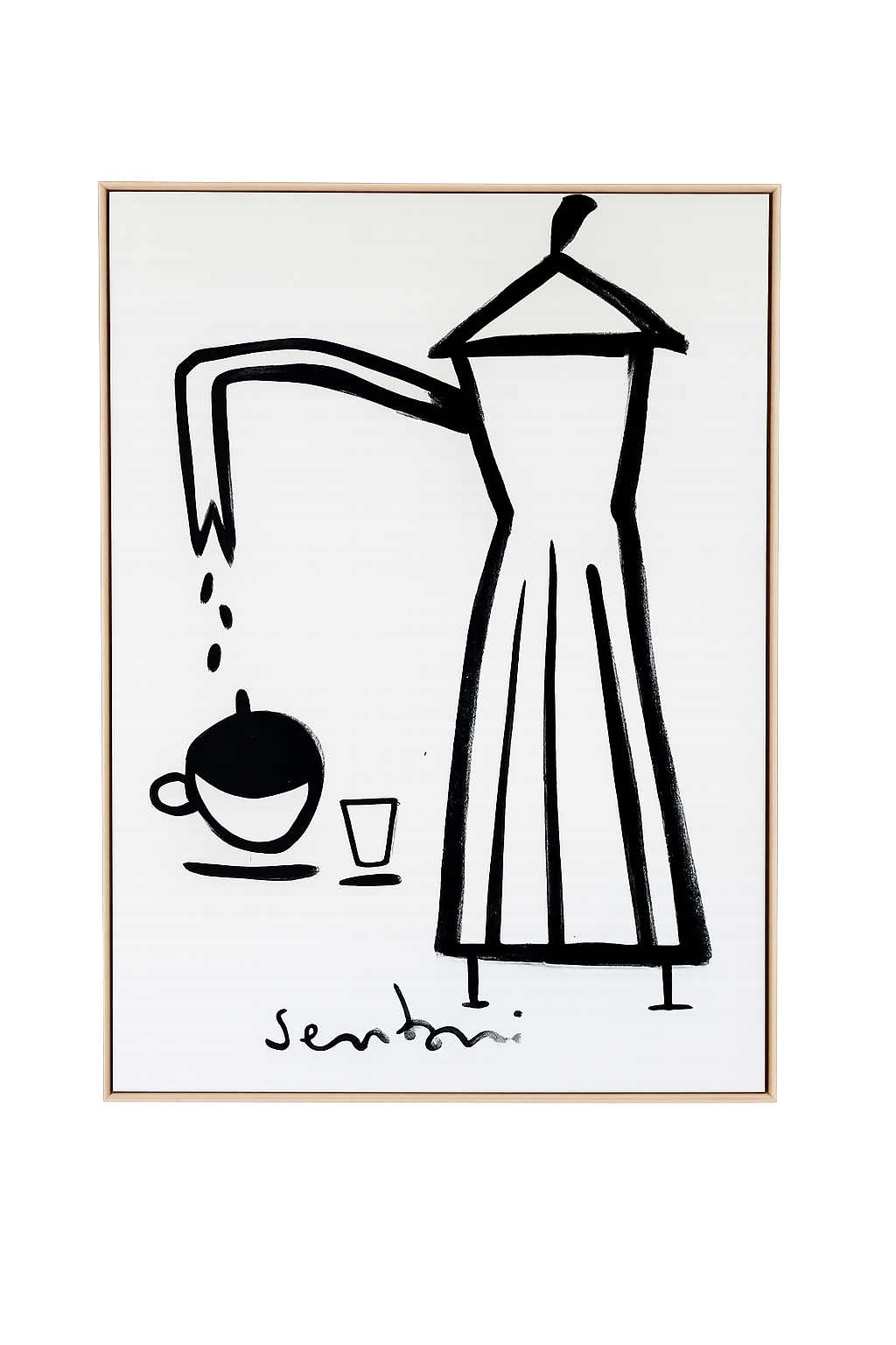 Framed artwork of a black line drawing of a coffee pot and cup on a white background.