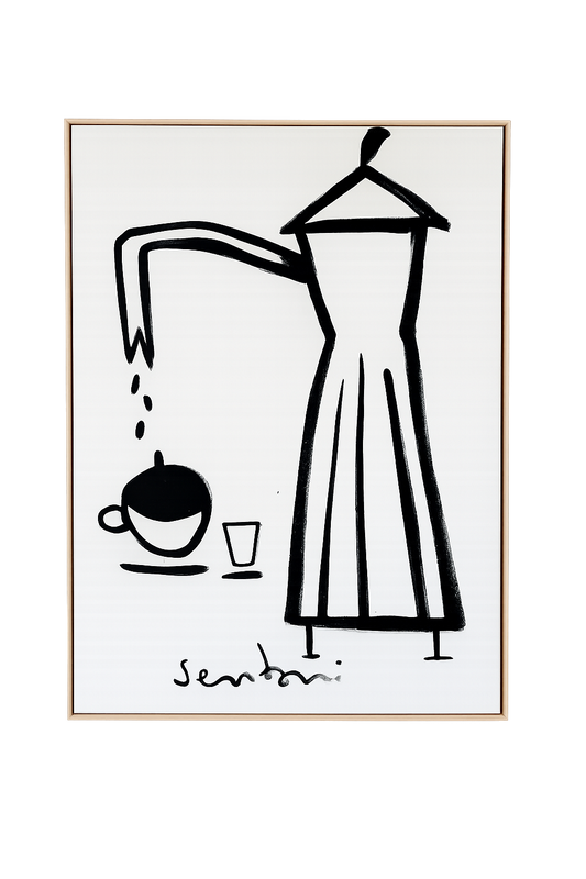 Framed artwork of a black line drawing of a coffee pot and cup on a white background.