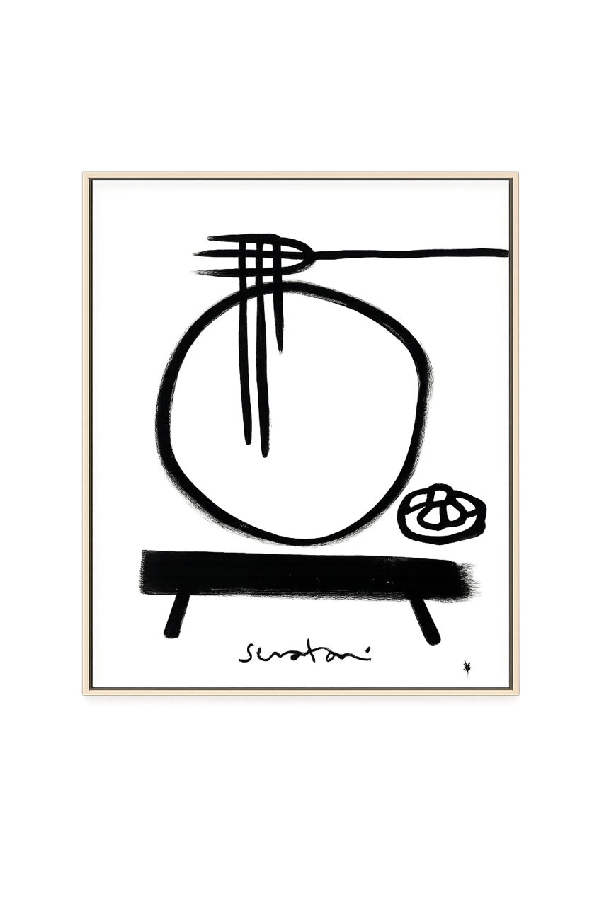 Abstract black line art of a plate with a fork and bread on a white background, signed 'Sutcliffe'.