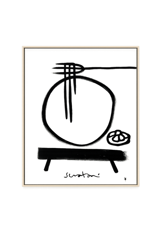 Abstract black line art of a plate with a fork and bread on a white background, signed 'Sutcliffe'.